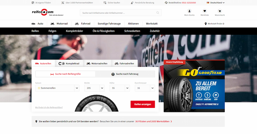 Screenshot der Shop-Webseite von reifen.com