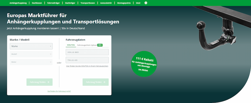 Screenshot der Shop-Webseite von Rameder Anhängerkupplungen und Autoteile GmbH