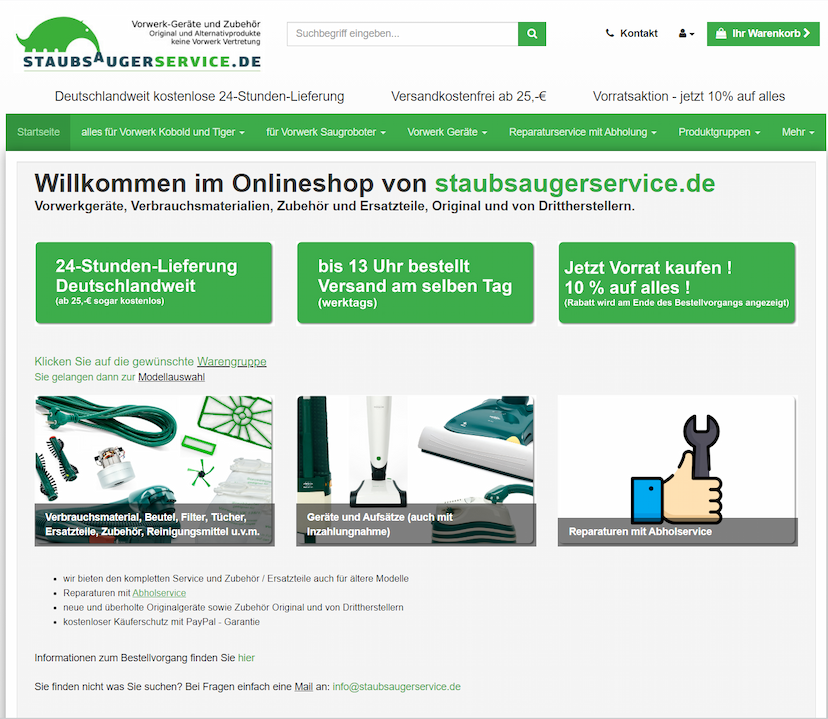 Screenshot der Shop-Webseite von staubsaugerservice.de