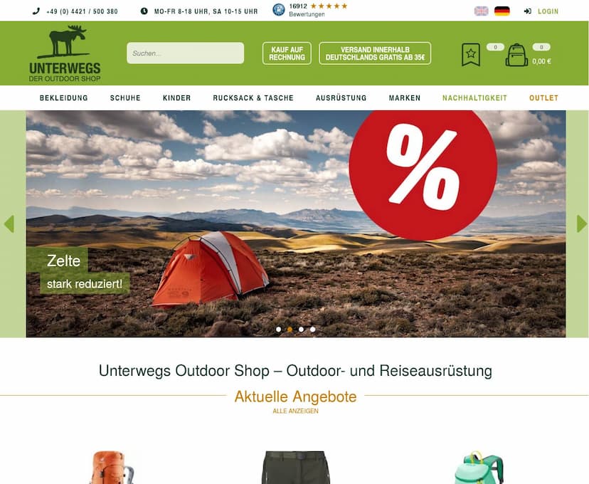 Screenshot der Shop-Webseite von Unterwegs Outdoor Shop