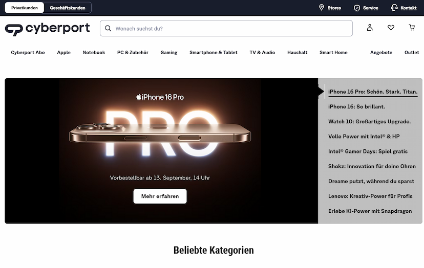 Screenshot der Shop-Webseite von Cyberport