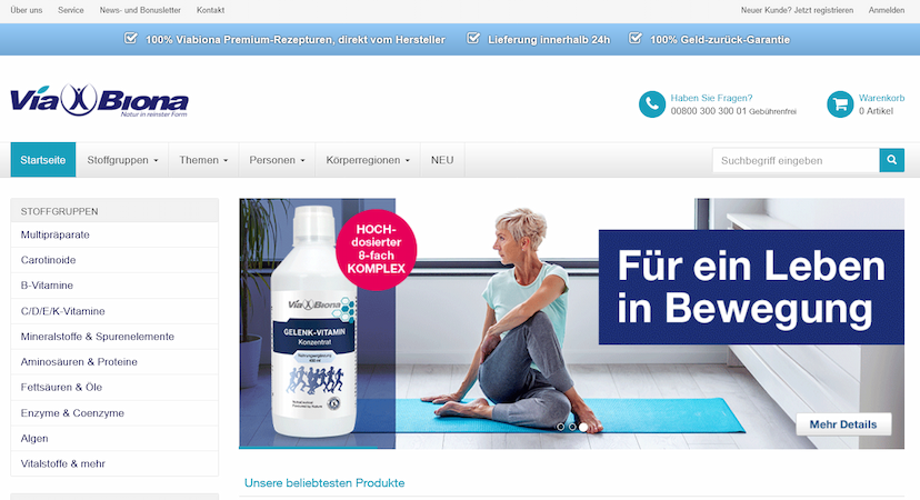 Screenshot der Shop-Webseite von Viabiona