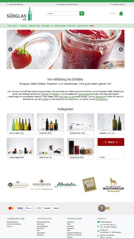 Screenshot der Shop-Webseite von SÜDGLAS e.G.