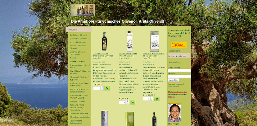 Screenshot der Shop-Webseite von Die Amphore