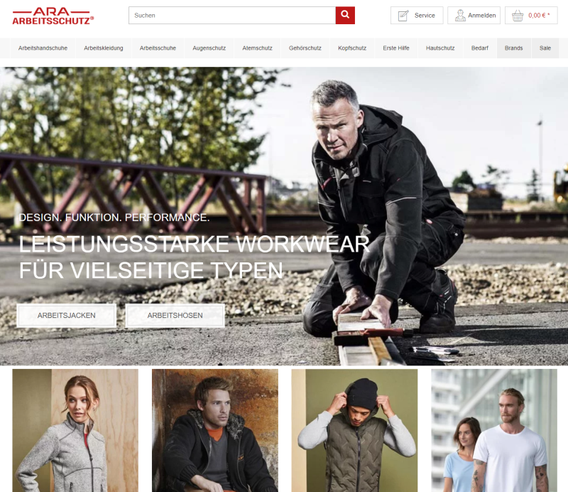 Screenshot der Shop-Webseite von ARA Arbeitsschutz