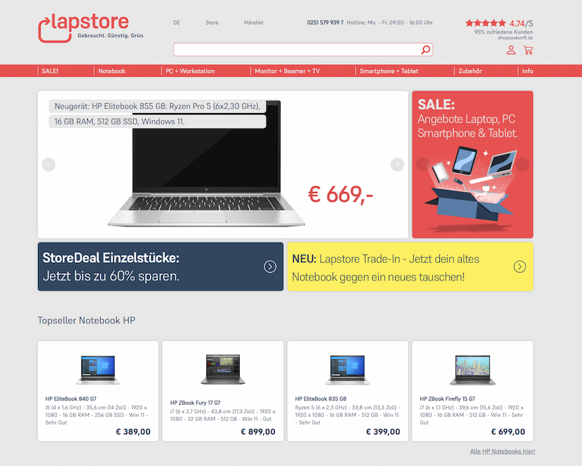 Screenshot der Shop-Webseite von LapStore.de